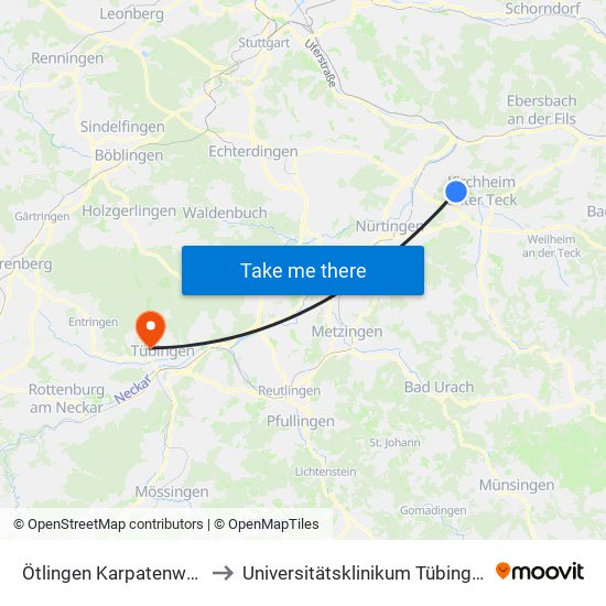 Ötlingen Karpatenweg to Universitätsklinikum Tübingen map