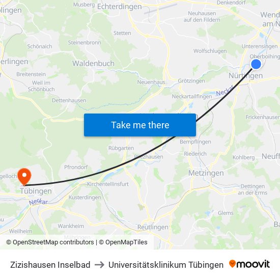 Zizishausen Inselbad to Universitätsklinikum Tübingen map