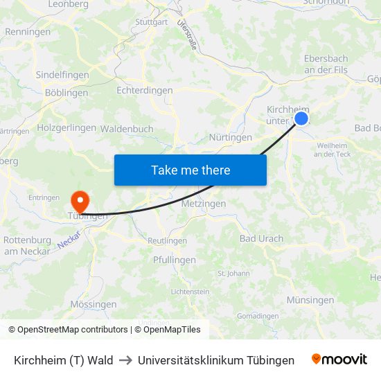 Kirchheim (T) Wald to Universitätsklinikum Tübingen map