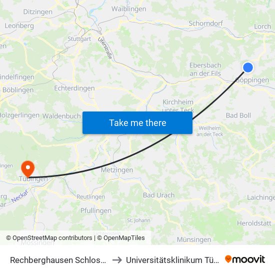 Rechberghausen Schlossmarkt to Universitätsklinikum Tübingen map