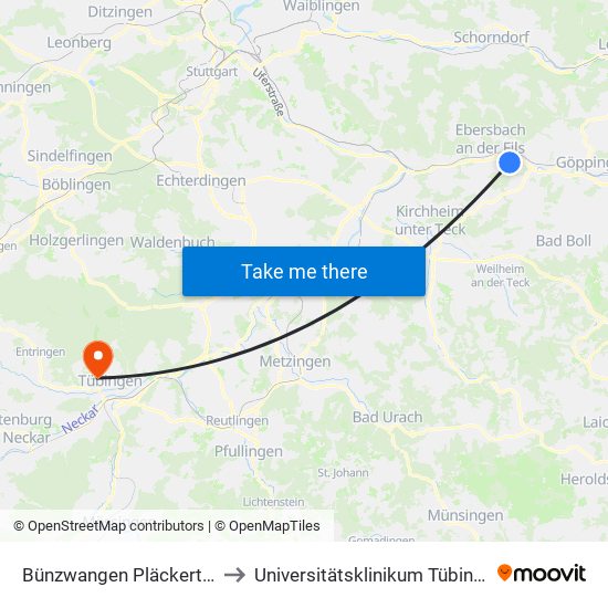 Bünzwangen Pläckertstr. to Universitätsklinikum Tübingen map