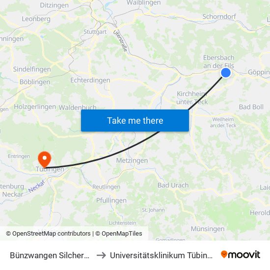 Bünzwangen Silcherstr. to Universitätsklinikum Tübingen map