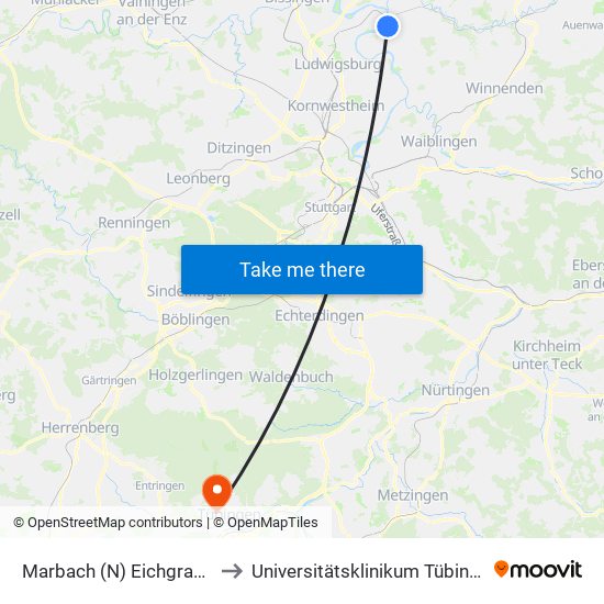 Marbach (N) Eichgraben to Universitätsklinikum Tübingen map