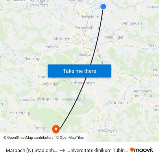 Marbach (N) Stadionhalle to Universitätsklinikum Tübingen map