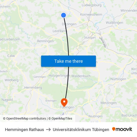 Hemmingen Rathaus to Universitätsklinikum Tübingen map