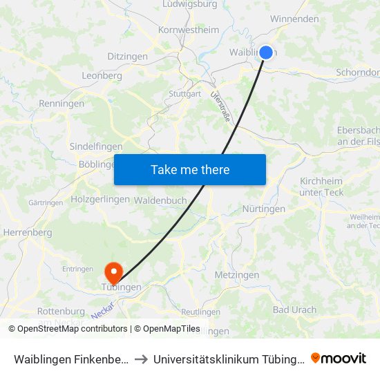 Waiblingen Finkenberg to Universitätsklinikum Tübingen map