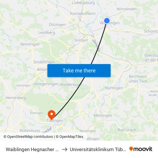 Waiblingen Hegnacher Höhe to Universitätsklinikum Tübingen map