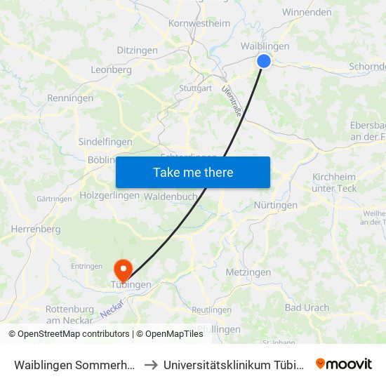 Waiblingen Sommerhalde to Universitätsklinikum Tübingen map