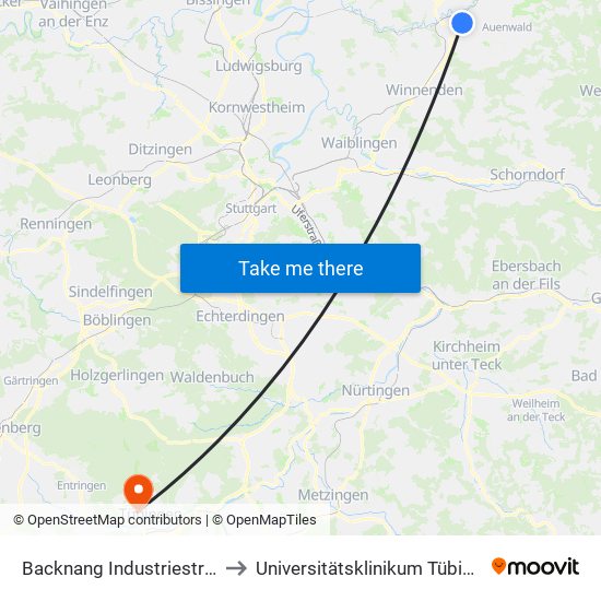 Backnang Industriestraße to Universitätsklinikum Tübingen map