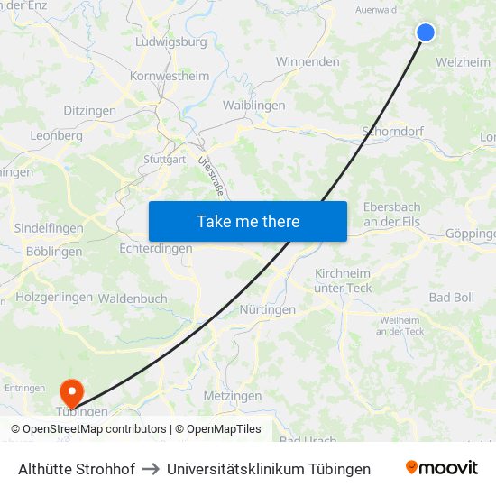 Althütte Strohhof to Universitätsklinikum Tübingen map