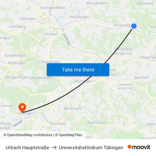 Urbach Hauptstraße to Universitätsklinikum Tübingen map