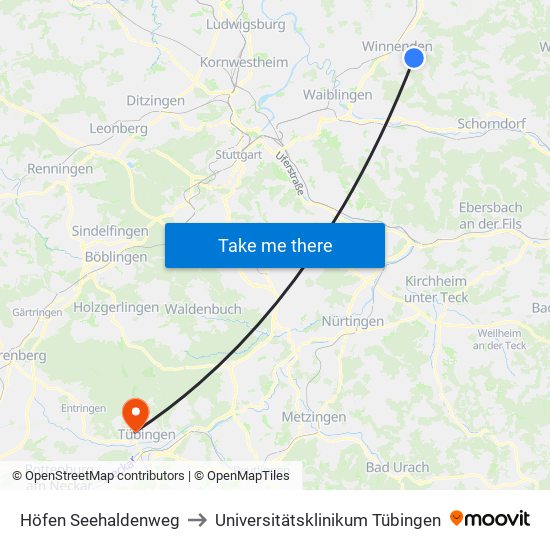 Höfen Seehaldenweg to Universitätsklinikum Tübingen map