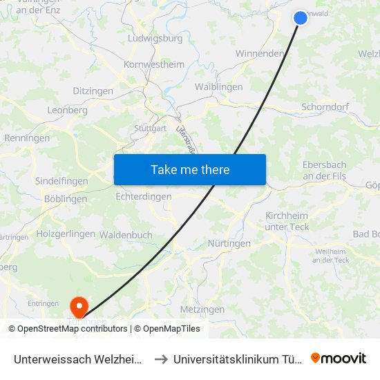 Unterweissach Welzheimer Str. to Universitätsklinikum Tübingen map