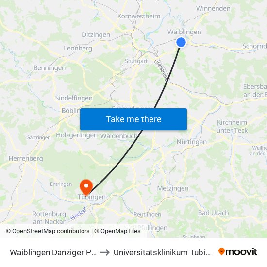 Waiblingen Danziger Platz to Universitätsklinikum Tübingen map