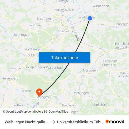 Waiblingen Nachtigallenweg to Universitätsklinikum Tübingen map