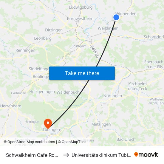 Schwaikheim Cafe Rommel to Universitätsklinikum Tübingen map