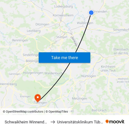 Schwaikheim Winnender Str. to Universitätsklinikum Tübingen map
