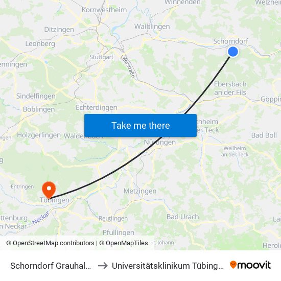 Schorndorf Grauhalde to Universitätsklinikum Tübingen map