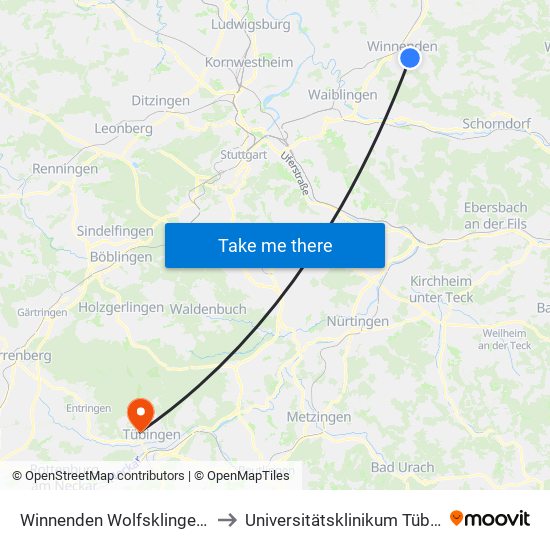 Winnenden Wolfsklingenweg to Universitätsklinikum Tübingen map