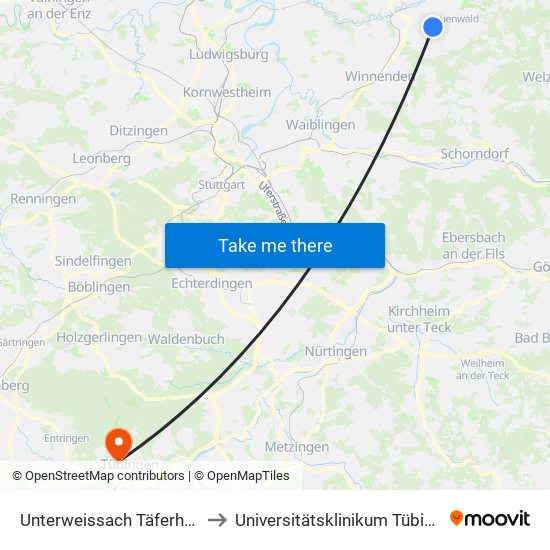 Unterweissach Täferhalde to Universitätsklinikum Tübingen map