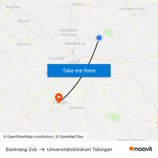 Backnang Zob to Universitätsklinikum Tübingen map