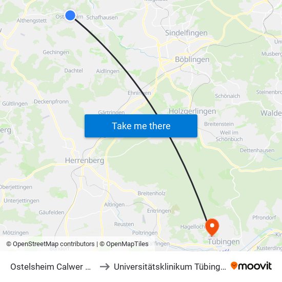 Ostelsheim Calwer Str. to Universitätsklinikum Tübingen map