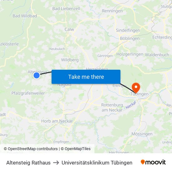 Altensteig Rathaus to Universitätsklinikum Tübingen map