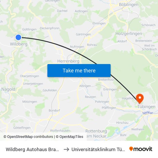 Wildberg Autohaus Braun/Lidl to Universitätsklinikum Tübingen map