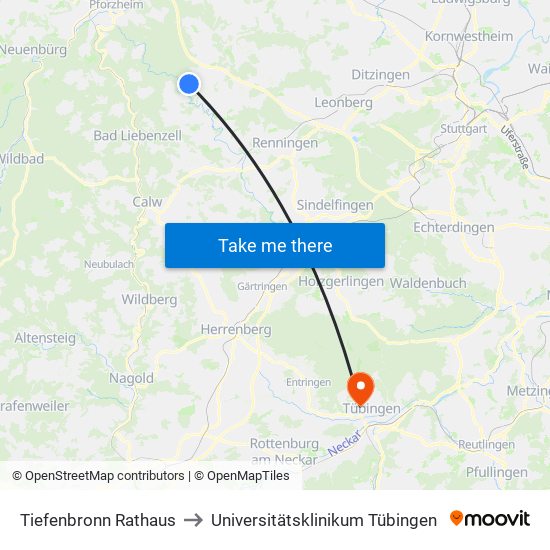 Tiefenbronn Rathaus to Universitätsklinikum Tübingen map