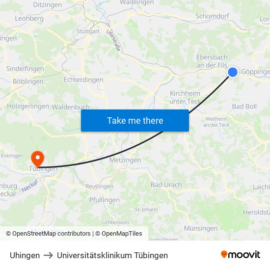 Uhingen to Universitätsklinikum Tübingen map