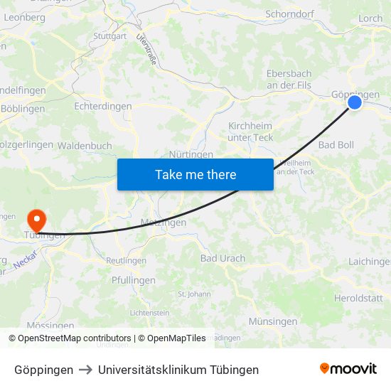 Göppingen to Universitätsklinikum Tübingen map