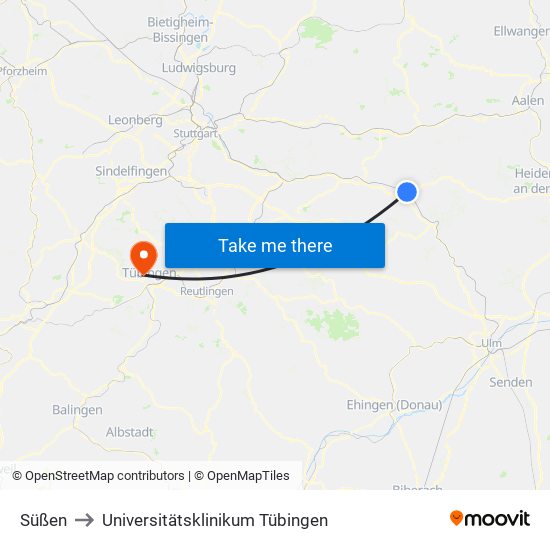 Süßen to Universitätsklinikum Tübingen map