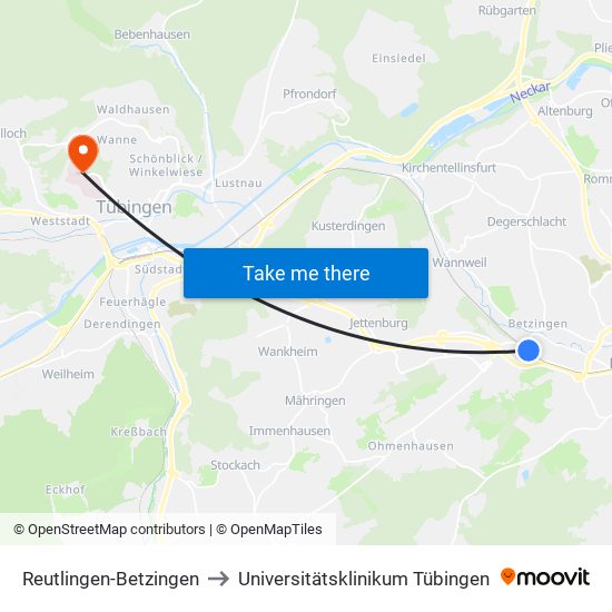 Reutlingen-Betzingen to Universitätsklinikum Tübingen map