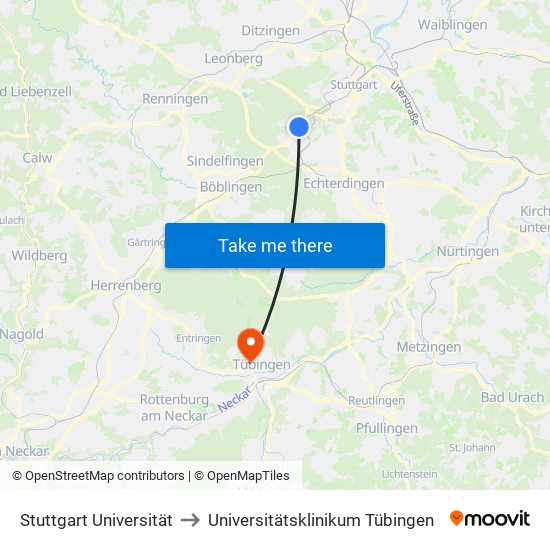 Stuttgart Universität to Universitätsklinikum Tübingen map