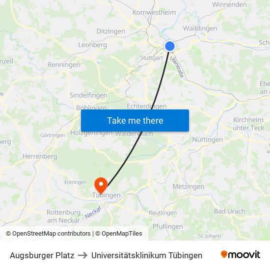 Augsburger Platz to Universitätsklinikum Tübingen map