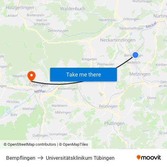 Bempflingen to Universitätsklinikum Tübingen map