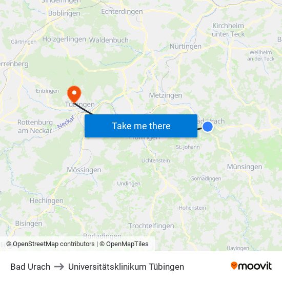 Bad Urach to Universitätsklinikum Tübingen map