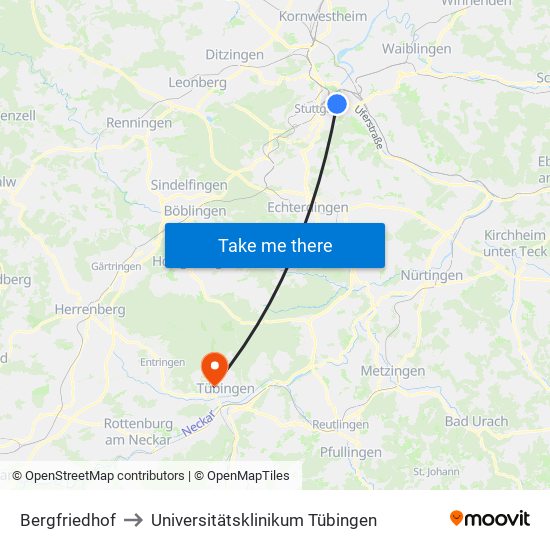 Bergfriedhof to Universitätsklinikum Tübingen map