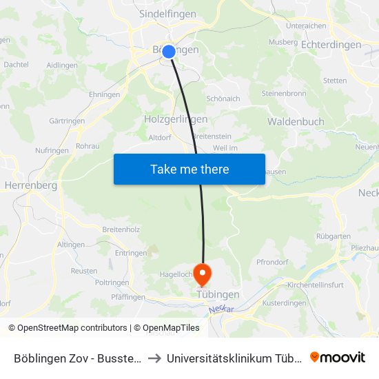 Böblingen Zov -  Bussteig 15 to Universitätsklinikum Tübingen map