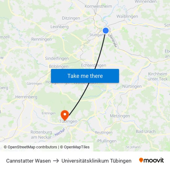 Cannstatter Wasen to Universitätsklinikum Tübingen map