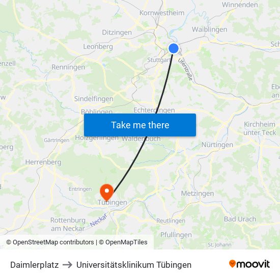 Daimlerplatz to Universitätsklinikum Tübingen map