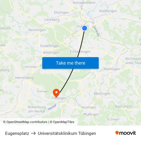 Eugensplatz to Universitätsklinikum Tübingen map