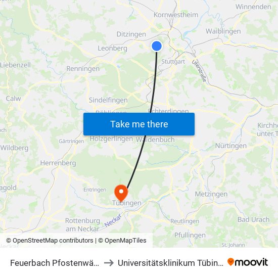 Feuerbach Pfostenwäldle to Universitätsklinikum Tübingen map