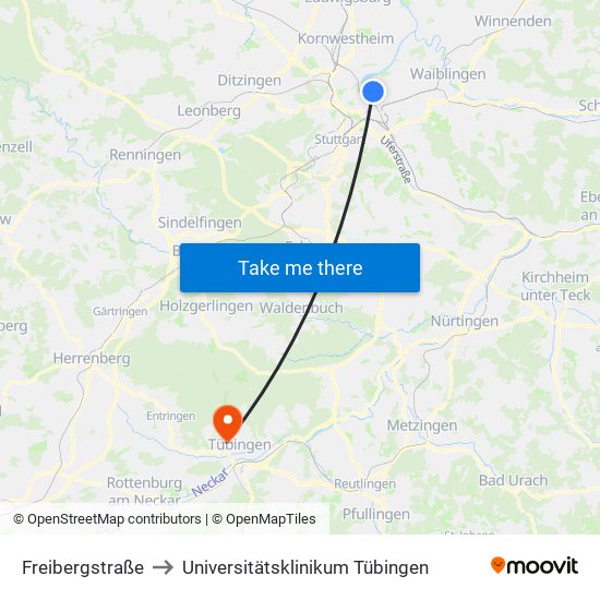Freibergstraße to Universitätsklinikum Tübingen map