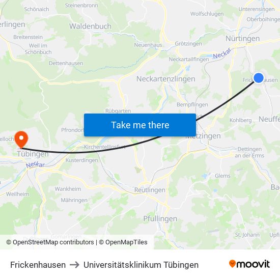 Frickenhausen to Universitätsklinikum Tübingen map