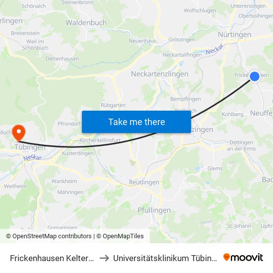 Frickenhausen Kelterstr. to Universitätsklinikum Tübingen map