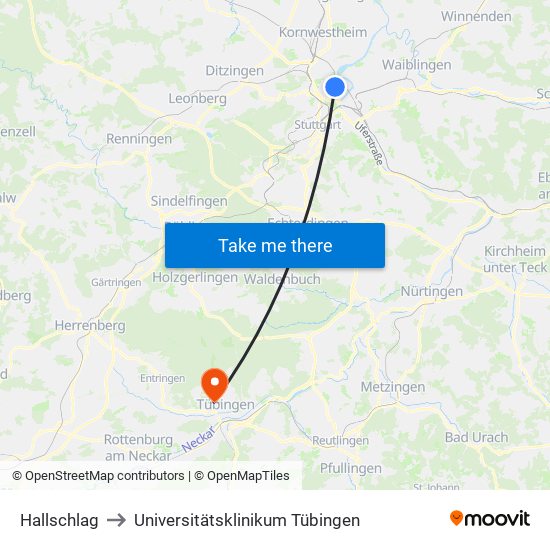 Hallschlag to Universitätsklinikum Tübingen map