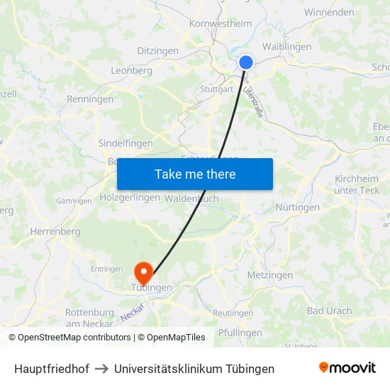 Hauptfriedhof to Universitätsklinikum Tübingen map