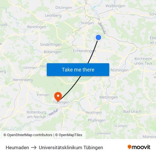 Heumaden to Universitätsklinikum Tübingen map