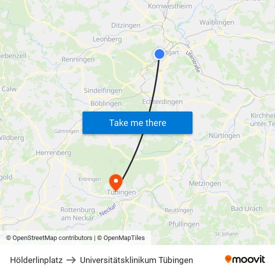 Hölderlinplatz to Universitätsklinikum Tübingen map